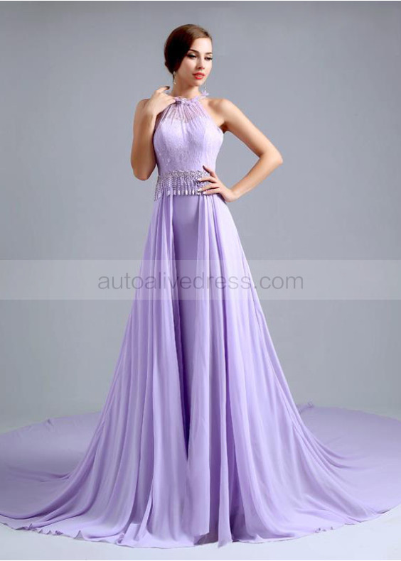 Beaded Halter Neck Lilac Lace Chiffon Beautiful Evening Dress